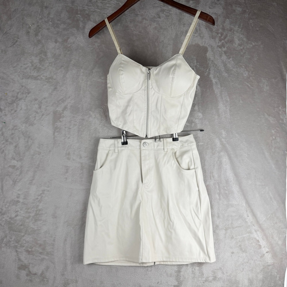 Madden NYC Cream Faux Leather 2 Piece Set Corset Top S Mini Skirt M Ivory